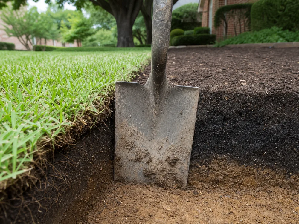 Clean spade-cut bed edge showing amended dark soil against native clay