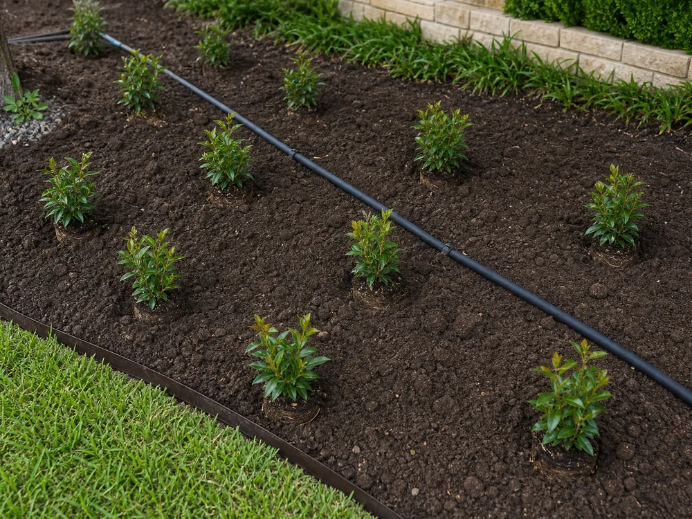 Transplants spaced evenly in prepared bed soil with drip line before mulching