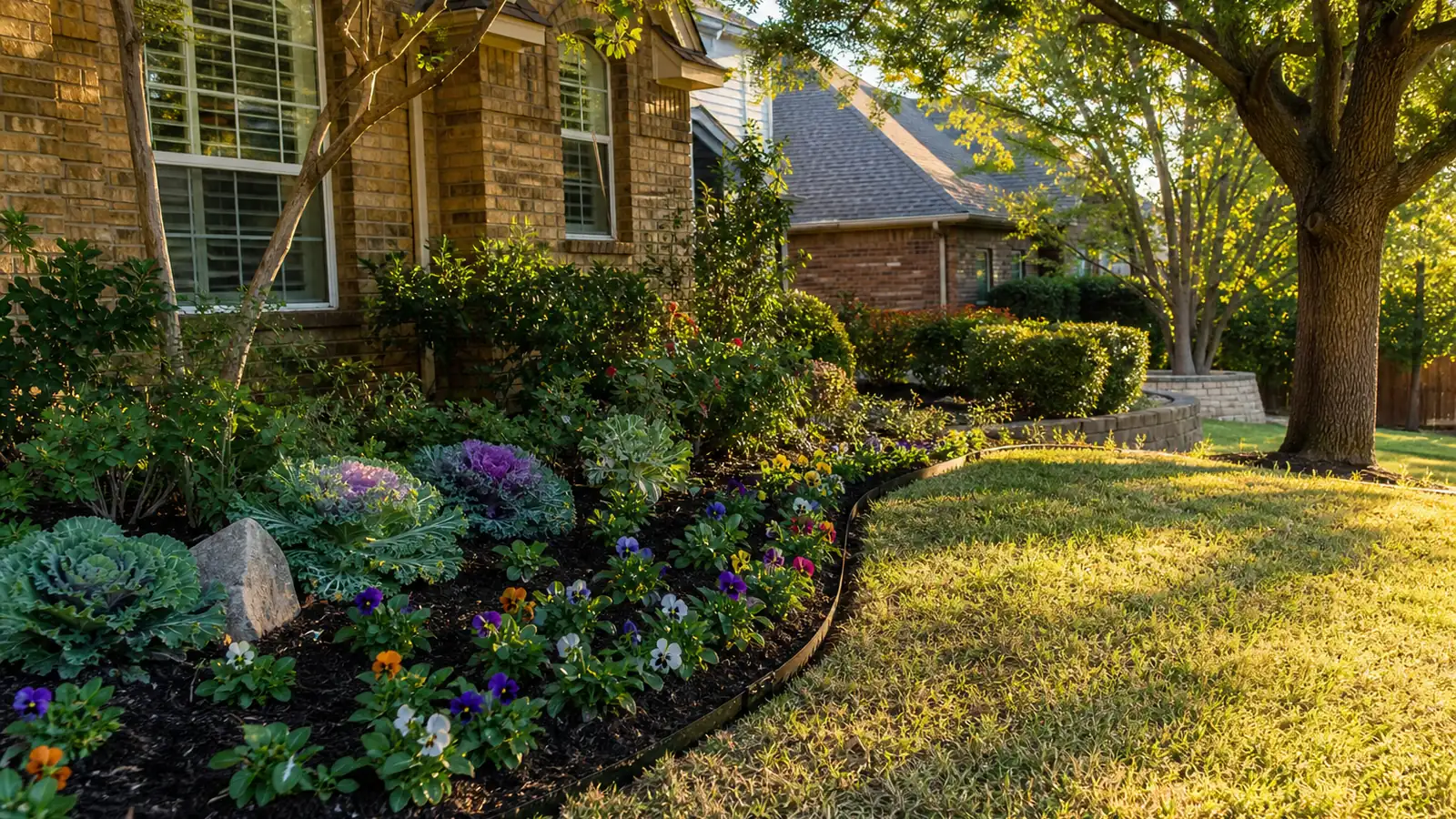 New fall flower bed with cool-season color and fresh mulch at a Keller TX home