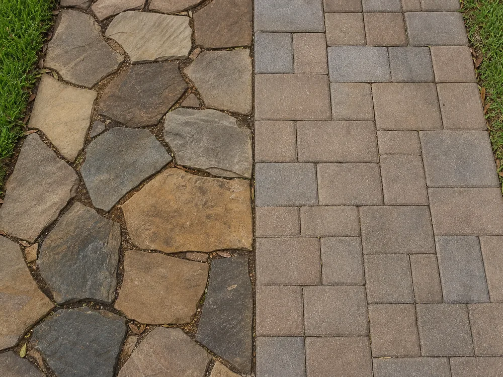 Side by side comparison of irregular flagstone and uniform concrete pavers