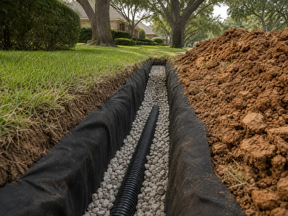 Open French drain trench with fabric, washed gravel, and perforated pipe in clay soil
