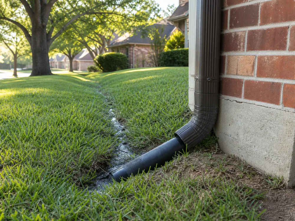 Downspout connected to a buried drain line at the corner of a brick North Texas home