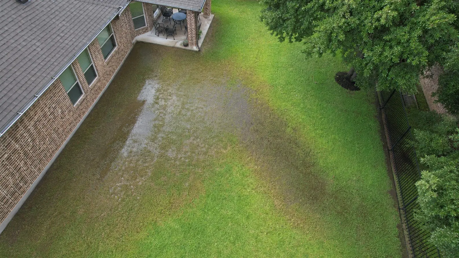 Standing water pooled in a North Texas back yard with clay soil after rain