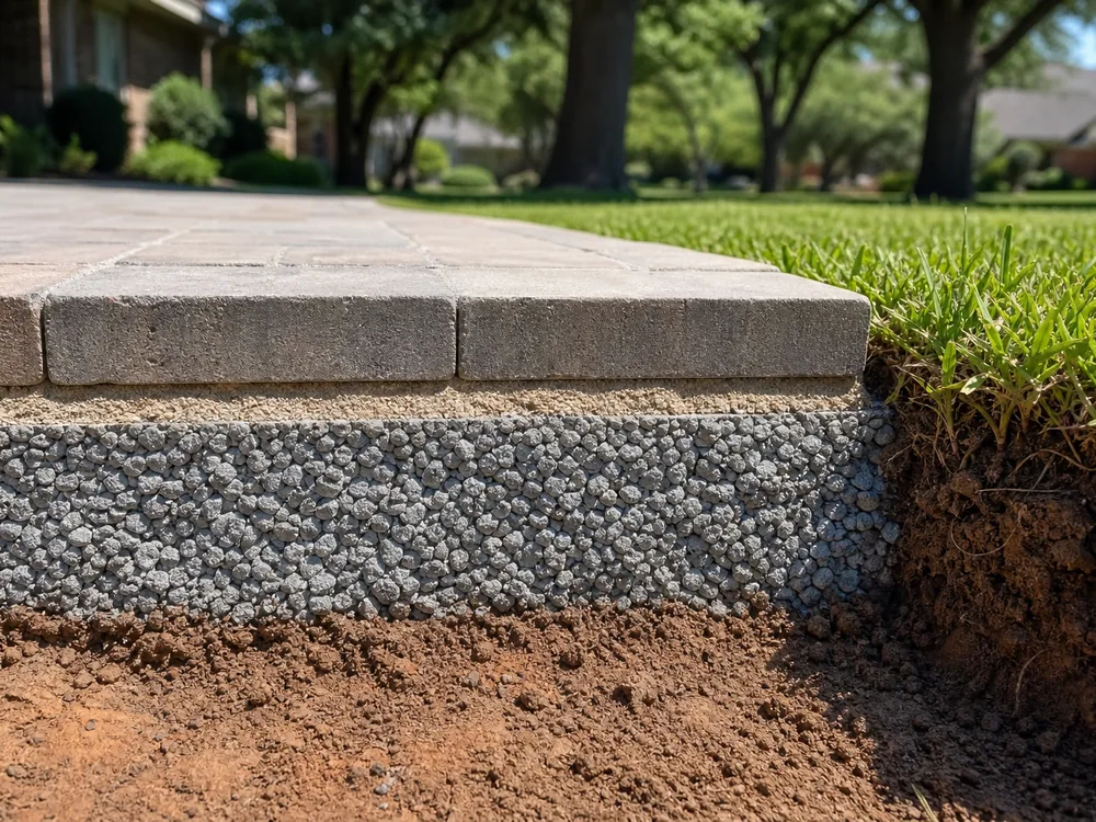 Cross section of proper paver base showing aggregate depth, bedding sand, and paver