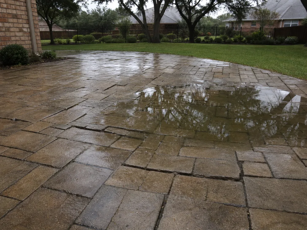 Failed patio with sunken tilted pavers and open joints from poor base preparation