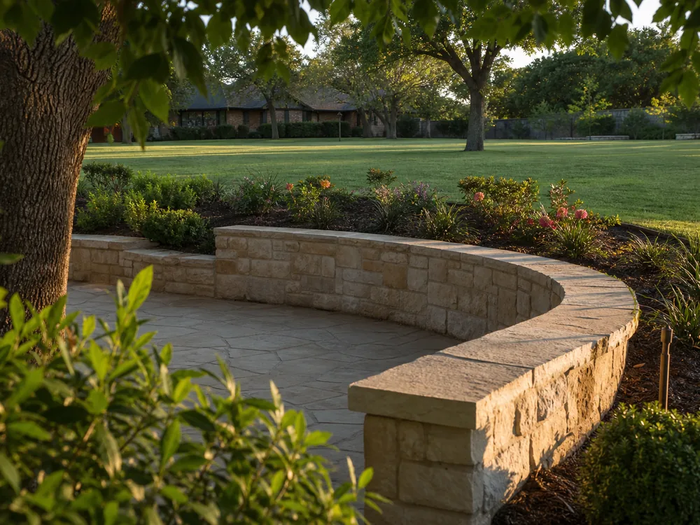 Stone seating wall curving around a patio edge with planted beds behind it