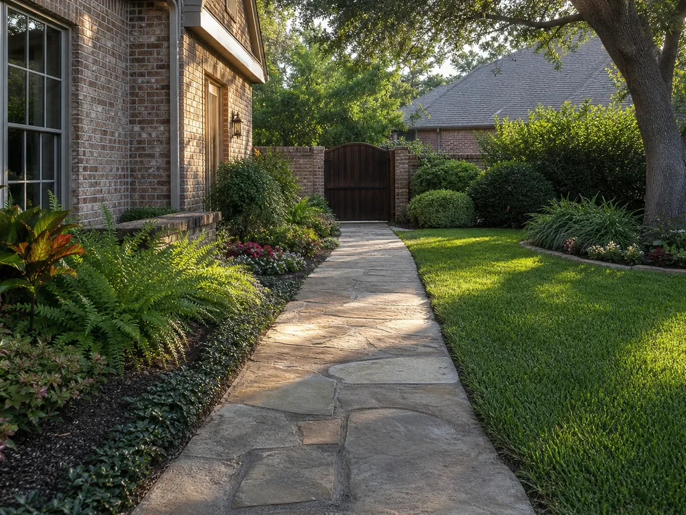Stone walkway connecting a patio to a side yard with planted borders at late afternoon