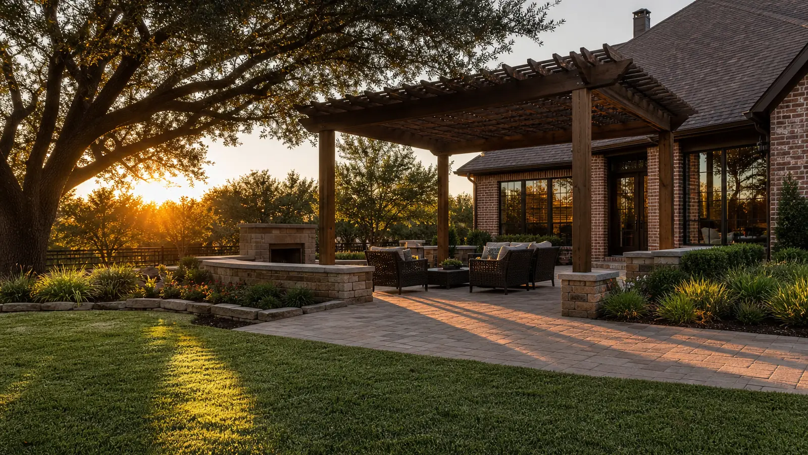 Outdoor living space with paver patio, seating wall, and pergola in a Keller TX back yard