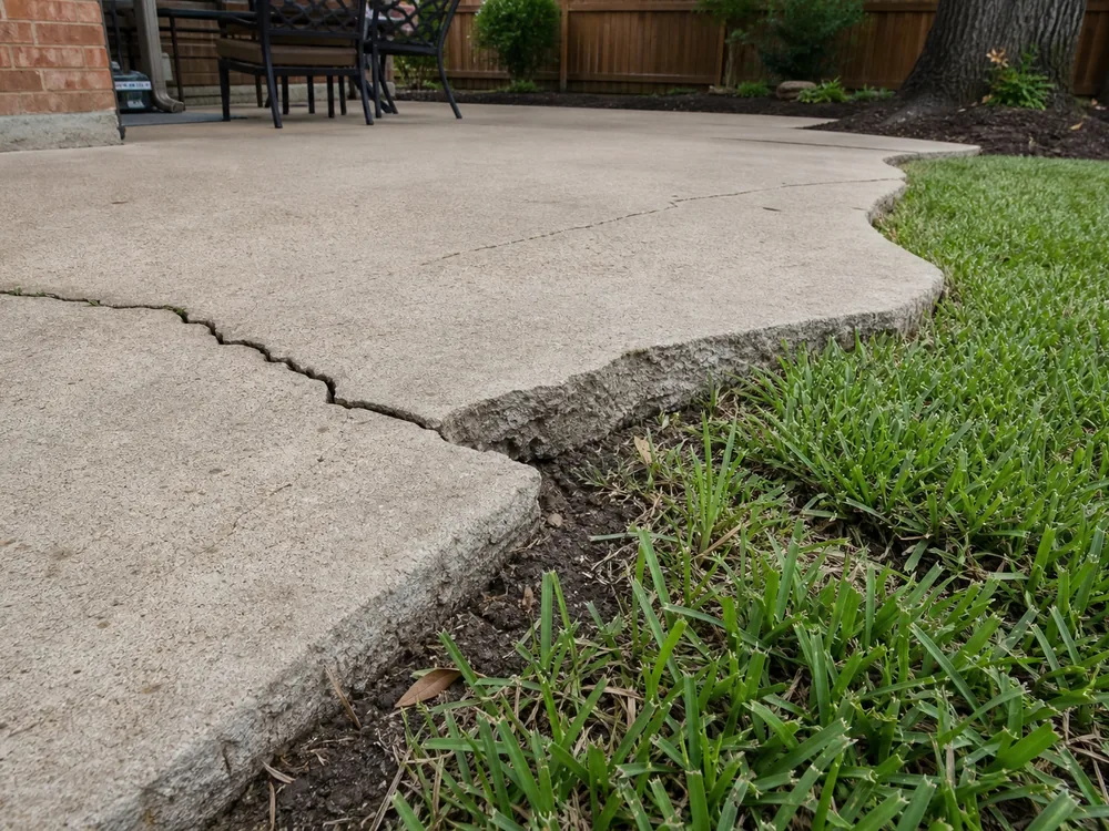 Cracked poured concrete patio slab with settlement lip in North Texas clay