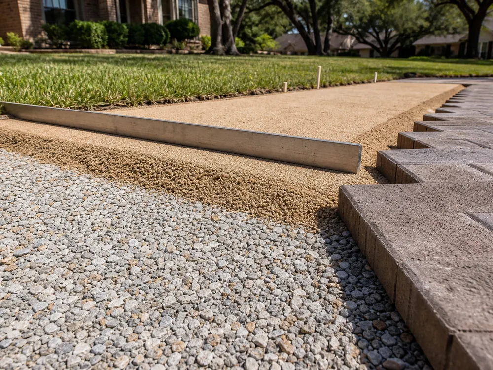Compacted aggregate base with bedding sand and first pavers set at the edge