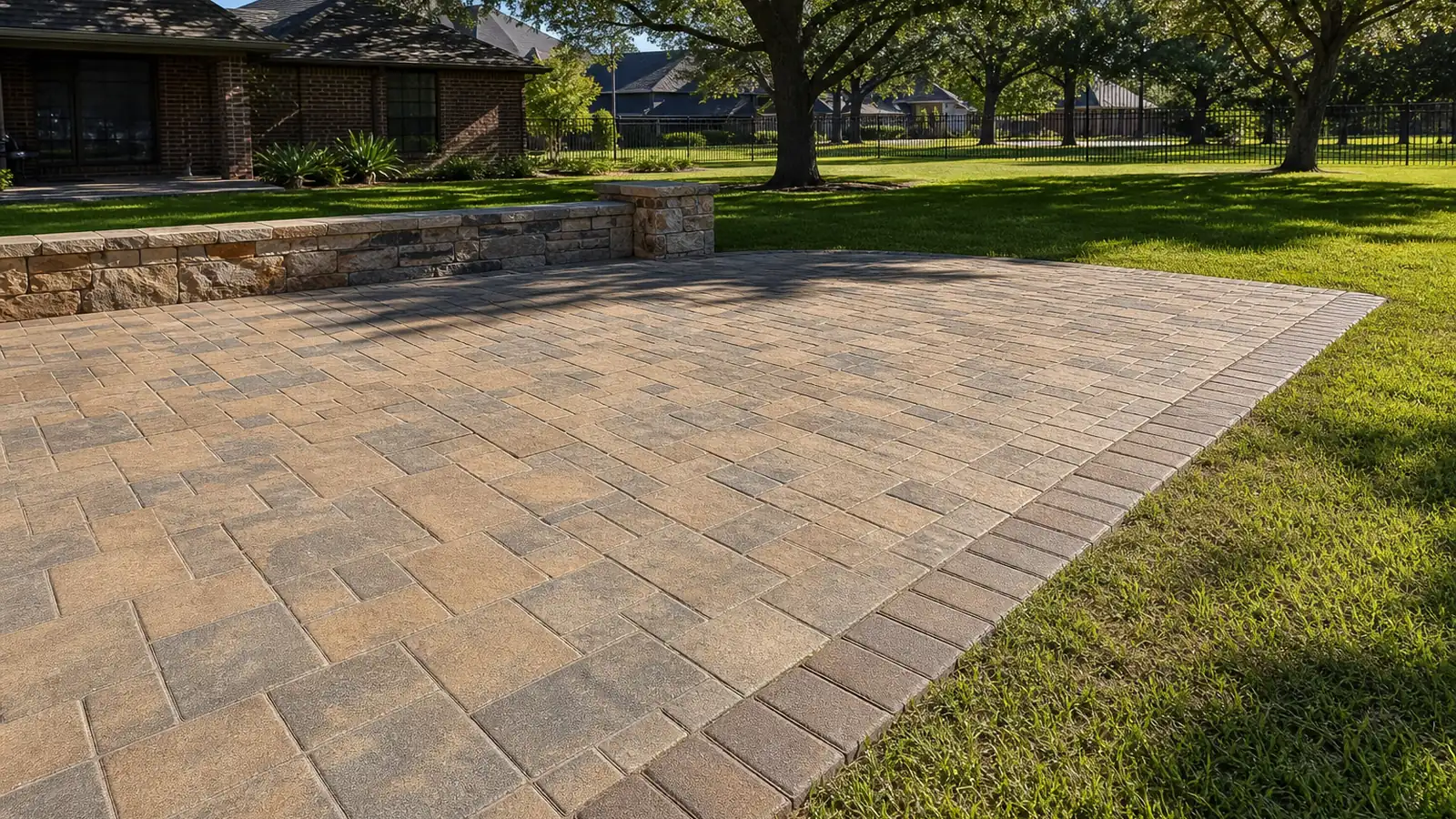 Interlocking paver patio with stone border and seating wall in a Keller TX yard