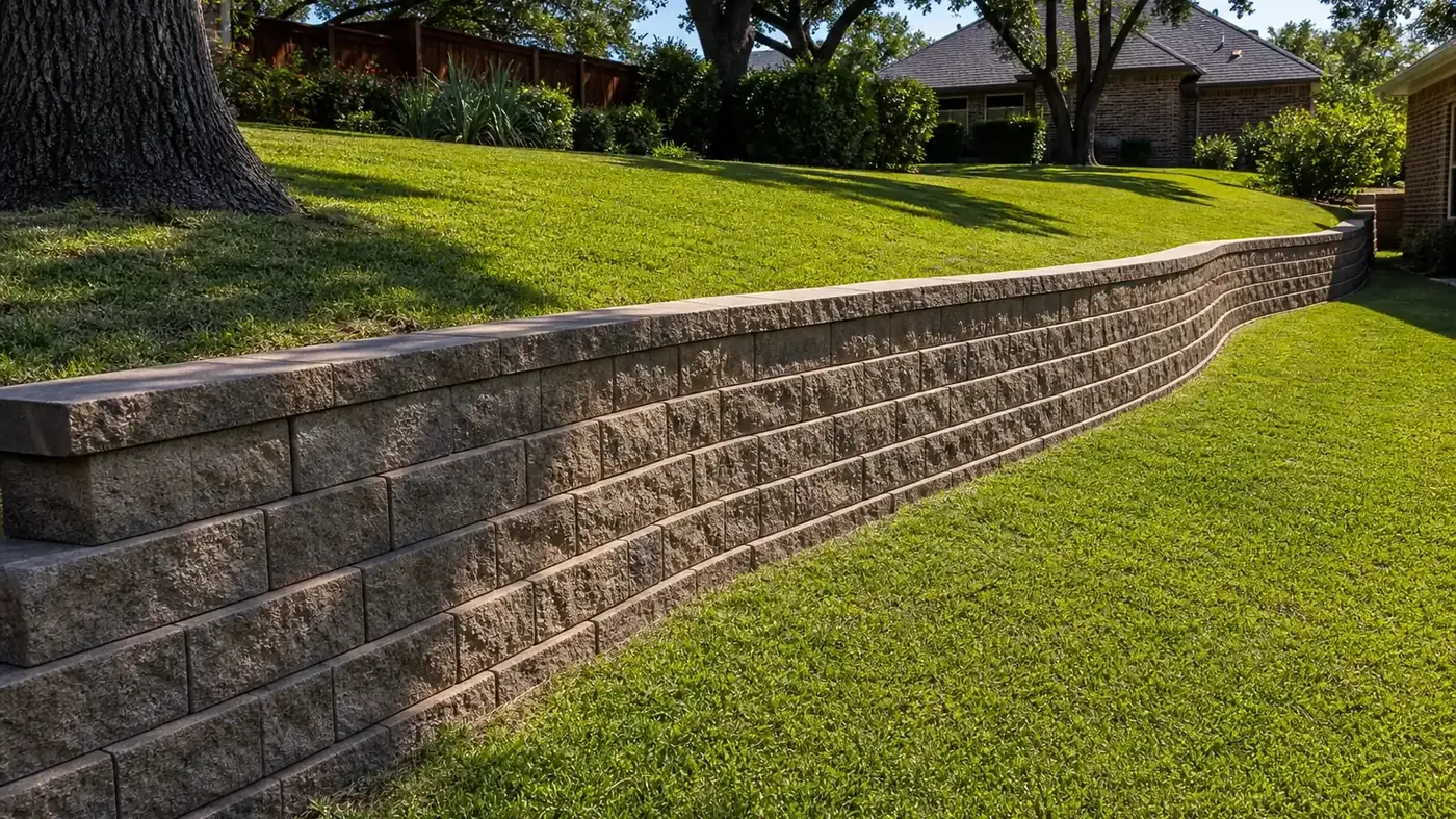 Tiered segmental block retaining wall holding a graded slope in a Keller TX back yard