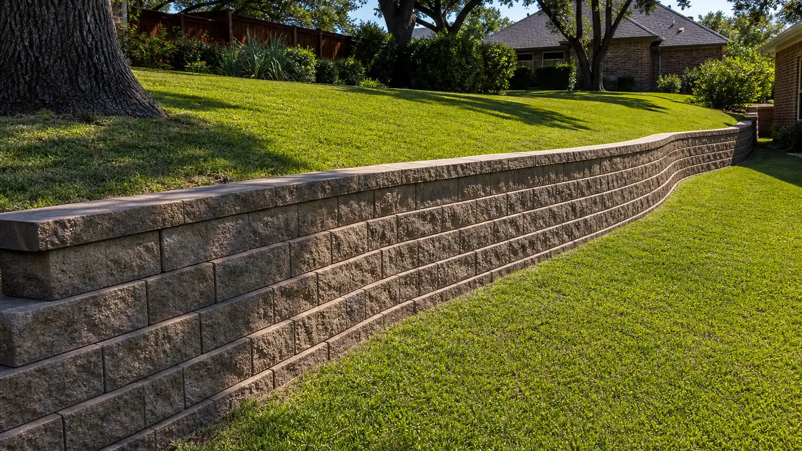 Tiered segmental block retaining wall holding a graded slope in a Keller TX back yard
